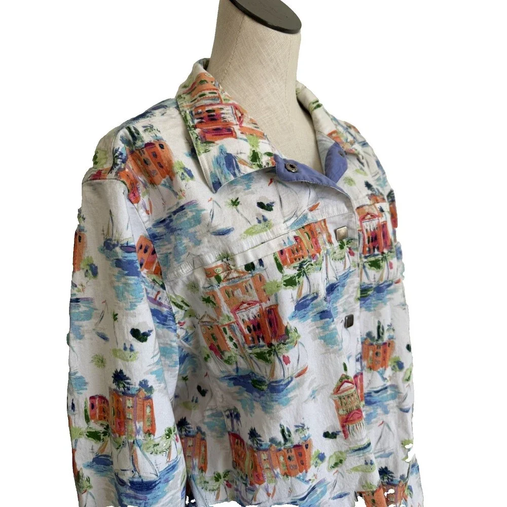 VTG CJ Banks Jacket Womens Size 2X Stretch Snap Button Artsy City White Print